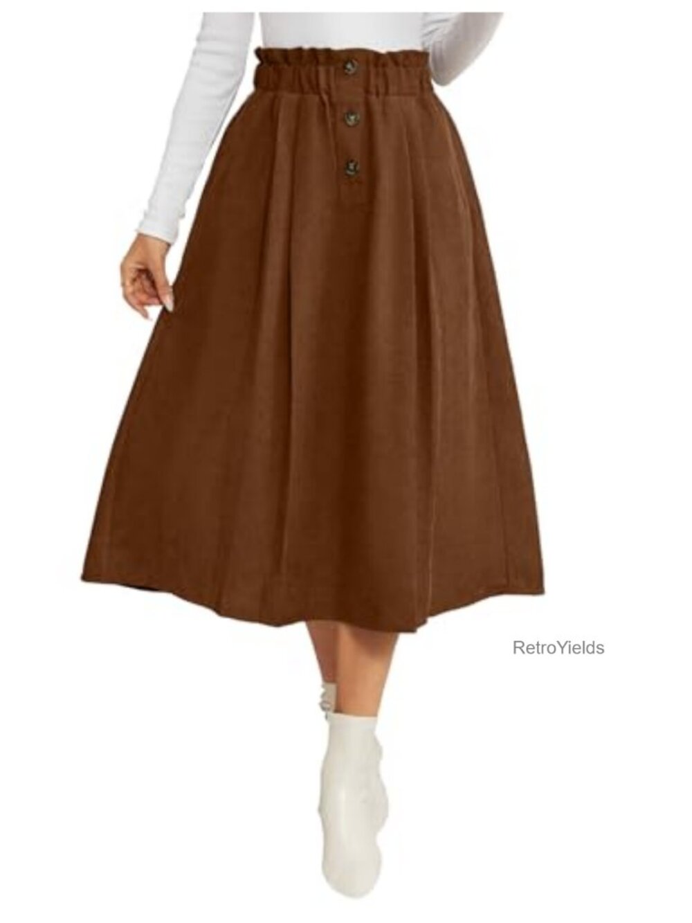 Corduroy High Waisted Pleated A-Line Midi Skirt Pockets